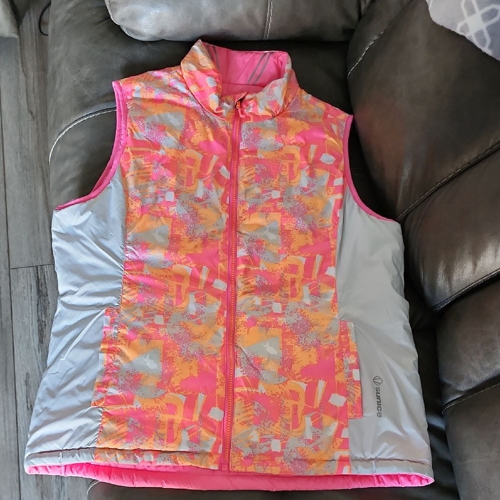 Sunice Pink and Gray Quilted Vest with High Collar